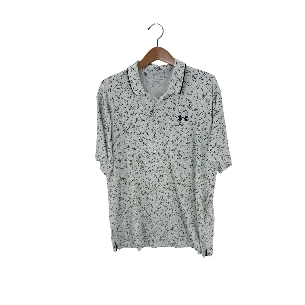 Under Armour Mens Iso-Chill Polo Shirt XL White Green Abstract Print Loose Fit